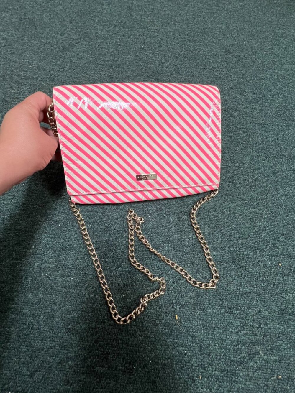 pink & white strips purse with gold chain cross body patent leather pastel